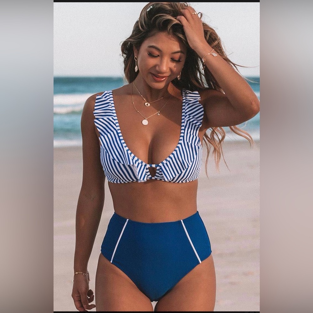 Blue Striped And High Waisted Bikini Size Medium